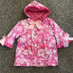 Mud pie baby Pink Floral Hooded Jacket with Bows raincoat 12-18 mos